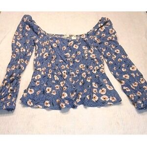 Lovestitch Womens Top Peplum Blue Floral Smocked Square Neck New One-of-a-Kind